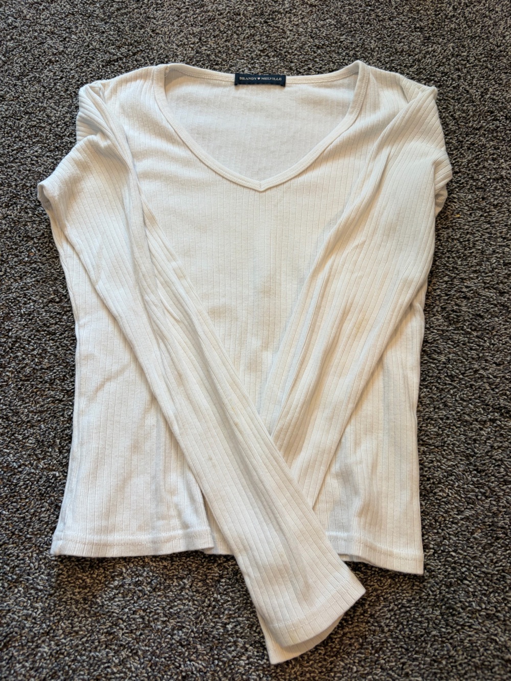 Brandy Melville Cream Ribbed V-Neck Long Sleeve Top